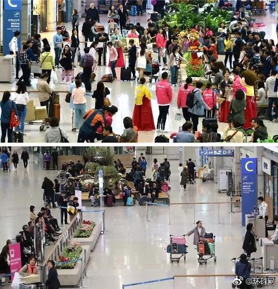 仁川机场入境处去年4月挤满外国游客（上图），今年3月15日异常冷清。图片：韩联社