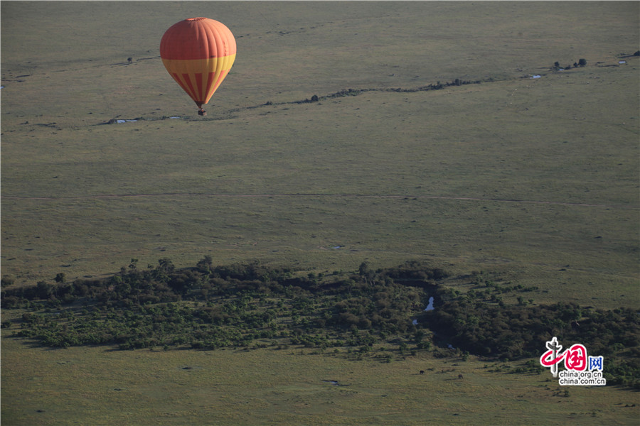 热气球飘荡在大草原的生命之河上空