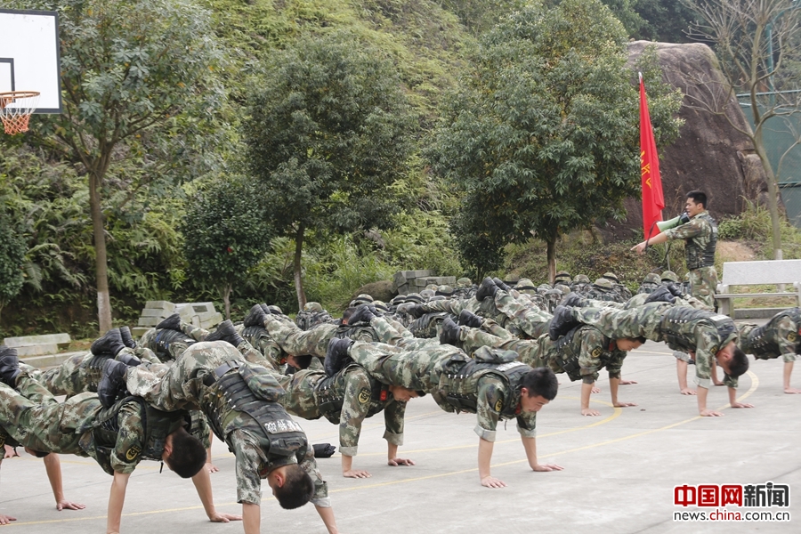 集训官兵们正在进行"人梯俯卧撑"对抗训练.