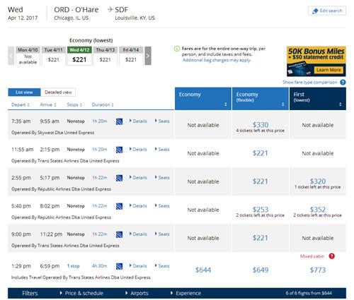 图说:记者在美联航官网搜索奥黑尔国际机场飞往肯塔基州路易斯维尔的航班。