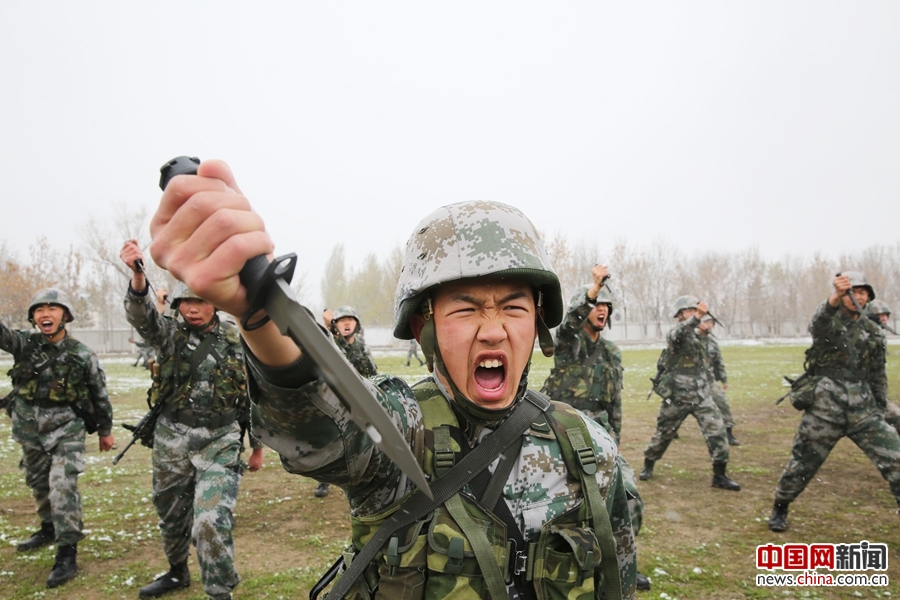 陆军某边防团官兵在雪后的低温下开展军事训练( 1 / 5 )