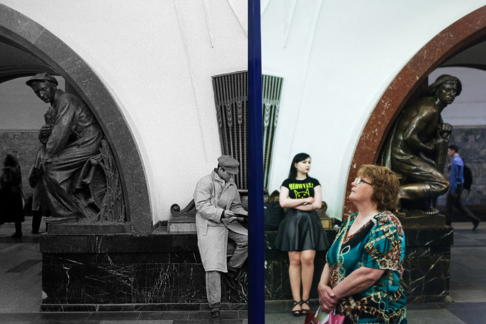 莫斯科地铁今昔对比照 手中鲜花变平板