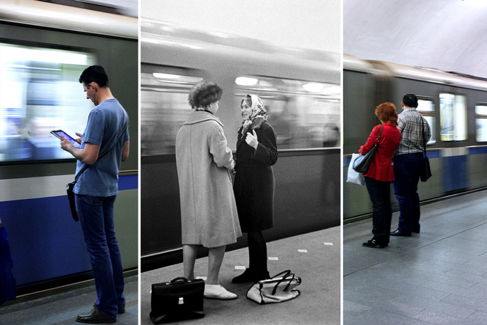 莫斯科地铁今昔对比照 手中鲜花变平板