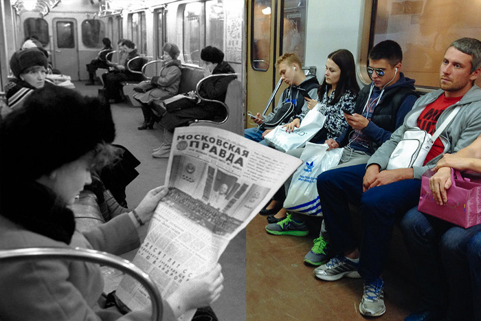 莫斯科地铁今昔对比照 手中鲜花变平板