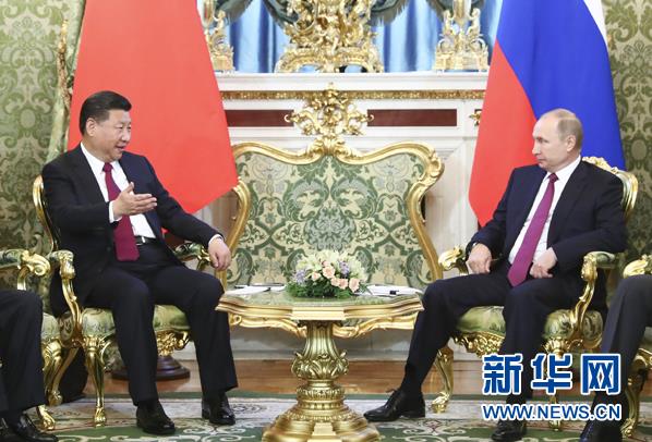 7月4日，國家主席習近平在莫斯科克里姆林宮同俄羅斯總統普京舉行會談。 新華社記者 謝環馳 攝