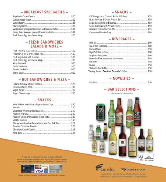 Acela上的食品价目表