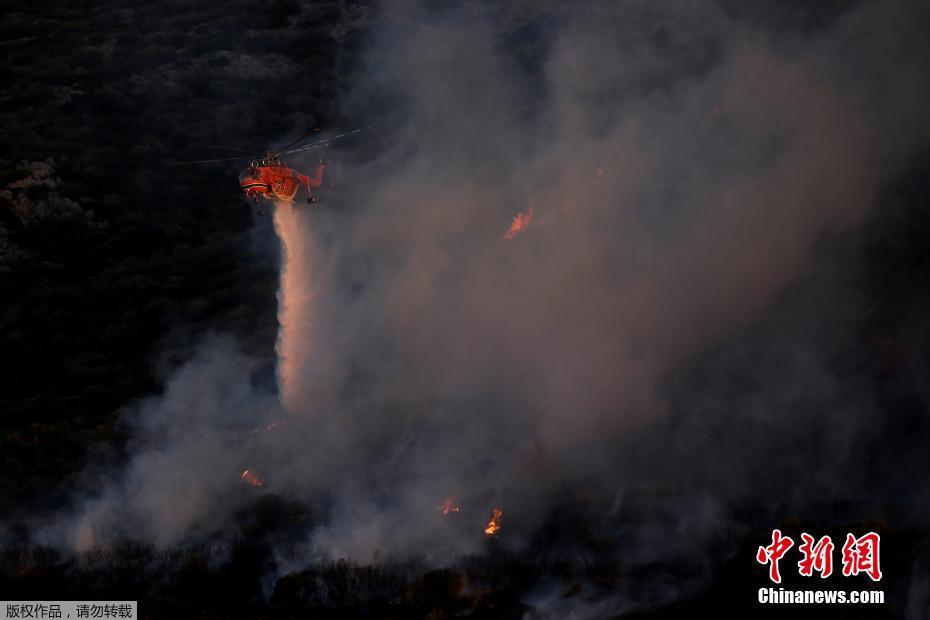 希腊雅典附近山火肆虐 直升机参与灭火