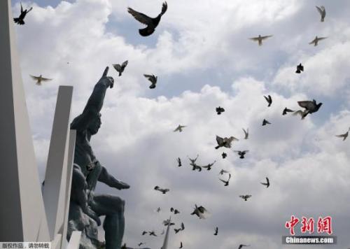 日本长崎和平纪念公园内放飞和平鸽。
