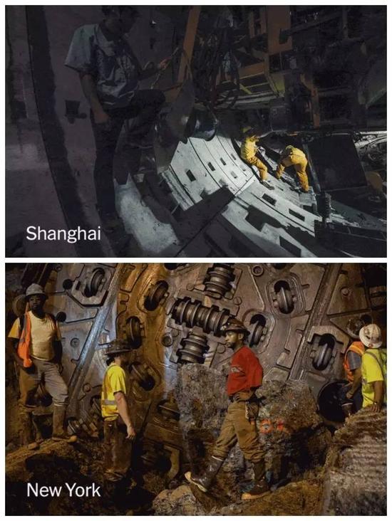 ▲上海和纽约地铁隧道内部施工景象