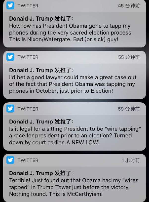 3月4日，特朗普连发4篇推文怒斥奥巴马对其实施监听。（图片来源：推特）