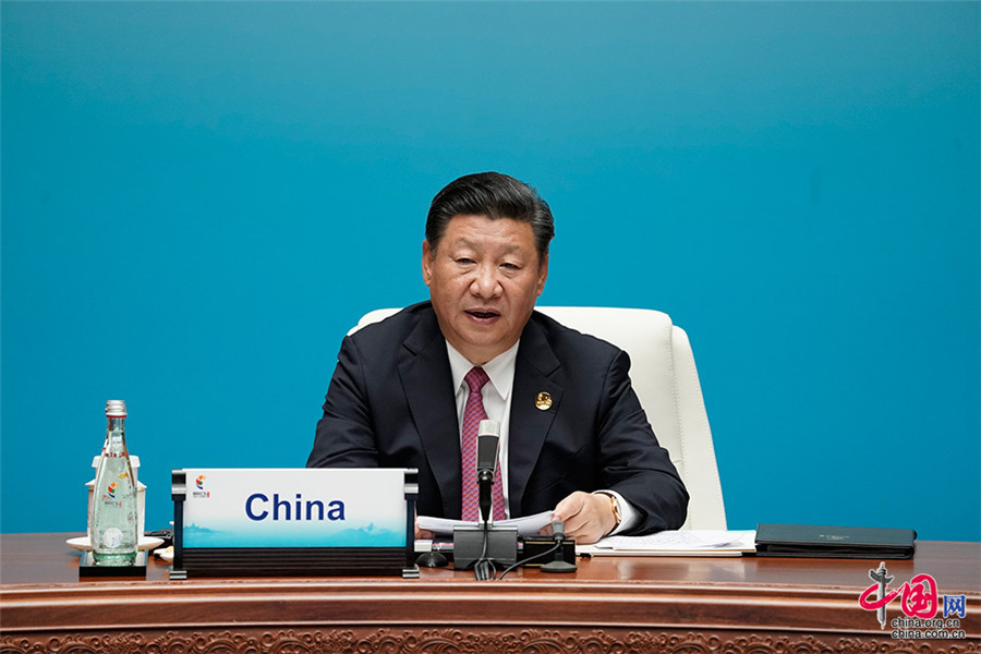 9月4日上午，金砖国家领导人第九次会晤大范围会议在厦门国际会议中心举行。摄影：段崴