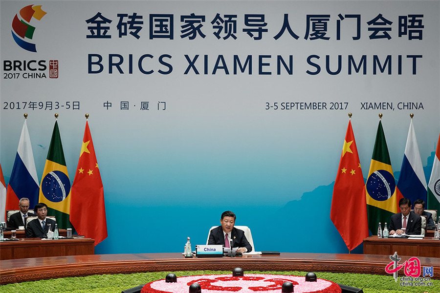 9月4日上午，金砖国家领导人第九次会晤大范围会议在厦门国际会议中心举行，习近平主席主持会议并致辞。摄影：万全
