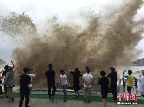 9月14日，受台风“泰利”影响，浙江温岭石塘掀巨浪。中新社记者 张琦 摄