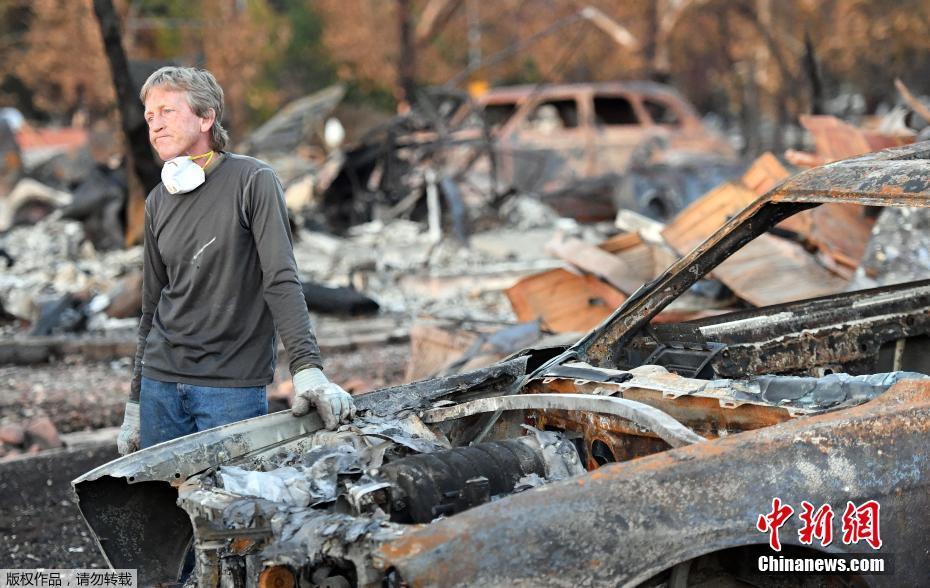 图为汽车收藏者Gary Dower站在被烧毁的汽车藏品前。