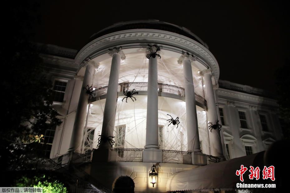当地时间2017年10月28日，美国华盛顿，白宫南部门廊被巨大的蜘蛛和蛛网模型包围，这是白宫为了庆祝万圣节而准备的装扮。