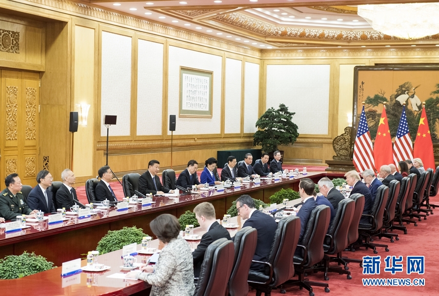 11月9日，国家主席习近平在北京人民大会堂同美国总统特朗普举行会谈。新华社记者 李学仁 摄