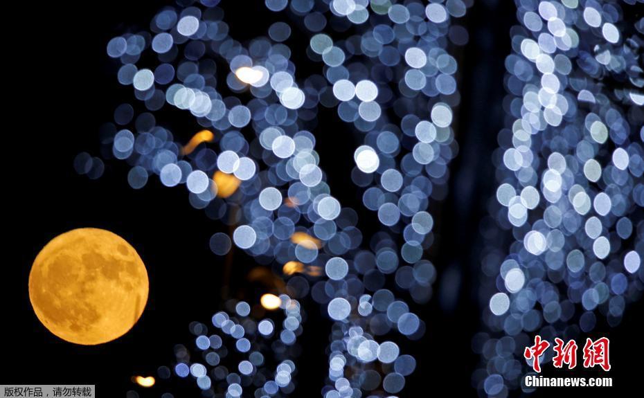 图为在法国马赛升起的“超级月亮”。