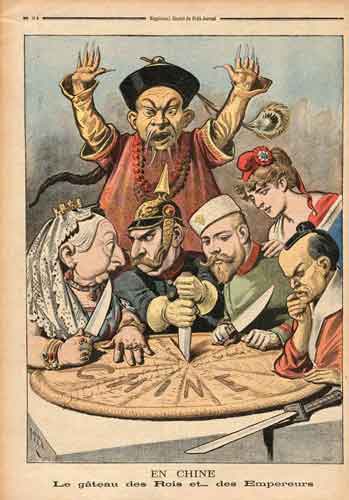 1. « Le gâteau des rois et des empereurs », publié en 1897. Après la révolution industrielle, les pays occidentaux sont devenus puissants. Mais la Chine, malgré son impression d’être le centre du monde, était en déclin.