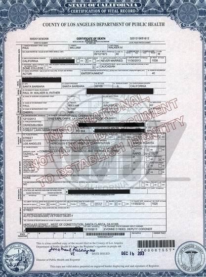 Le certificat de décès de Paul Walker confirme la mort par brûlure