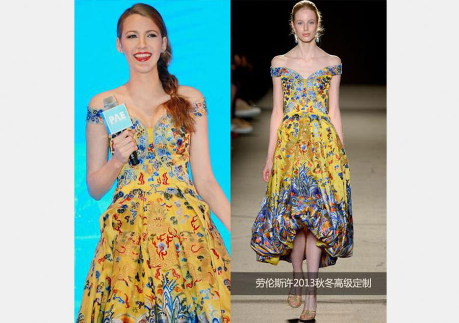 Blake Lively en Laurence Xu Haute Couture, lors de la promotion du film Log Out en Chine. [Photo/VCG]