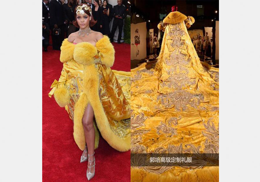 Rihanna en Guo Pei Haute Couture au Met Gala 2015. Le thème du gala était « La Chine : à travers le miroir ». [Photo/VCG].