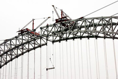 2 Chaotianmen-Brücke ,Gew?lben,Bauarbeiter,Stahl,Gew?lbe,Brücke,Fluss,Jangtse,Halbkreise,Spanne, Stadt Chongqing ,china-rot 
