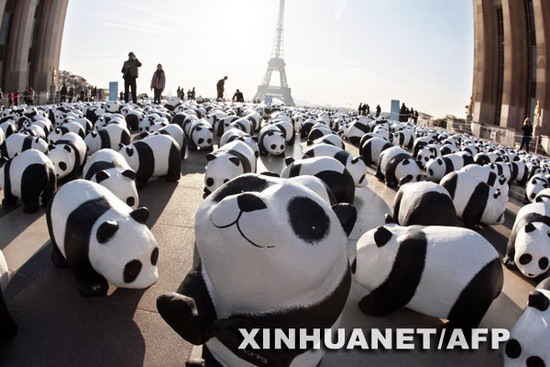 In Paris werden seit vergangenem Wochenende auf dem Trocadéro-Platz 1.600 Papier-Pandas ausgestellt, die alle noch auf der Erde überlebenden Tiere dieser Art symbolisieren.