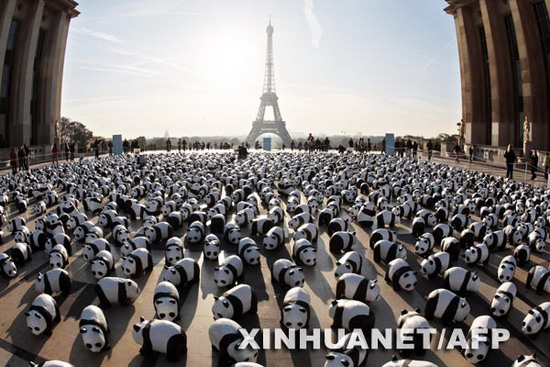 In Paris werden seit vergangenem Wochenende auf dem Trocadéro-Platz 1.600 Papier-Pandas ausgestellt, die alle noch auf der Erde überlebenden Tiere dieser Art symbolisieren.