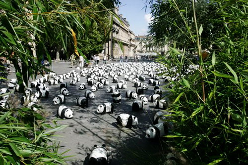 In Paris werden seit vergangenem Wochenende auf dem Trocadéro-Platz 1.600 Papier-Pandas ausgestellt, die alle noch auf der Erde überlebenden Tiere dieser Art symbolisieren.