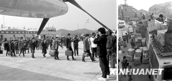 Links: Der Yiwu-Flughafen wurde am 1. April 1991 in Betrieb genommen. Zwei Drittel der Passagiere auf dem ersten Flug waren Bauern auf Gesch?ftsreise. Rechts: Die Waren aus Yiwu sieht man nun in mehr als 60 Gro?- und Mittelst?dten in China. Jeden Tag fahren über 100 Warentransporter aus Yiwu in andere Orte des Landes.