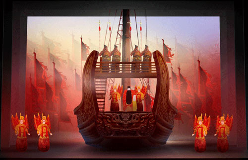 2 Die Oper Red Cliff kommt in Kürze auf die Bühne. Die Opernaufführung ist gleichzeitig eine Ausstellung von Peking-Opernkostümen, die die traditionelle N?hkunst mit moderne Elementen demonstrieren.