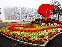 Riesige Dekoration vor dem Nationalstadion, dem Vogelnest, in Beijing. Der Olympiapark, in dem sich das Vogelnest befindet, wurde zur Feier des 60. Jahrestags der Gründung der Volksrepublik China für den 1. Oktober in Schale geworfen. [Foto von Hu Junfeng]