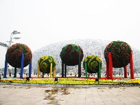 Riesige Dekoration vor dem Nationalstadion, dem Vogelnest, in Beijing. Der Olympiapark, in dem sich das Vogelnest befindet, wurde zur Feier des 60. Jahrestags der Gründung der Volksrepublik China für den 1. Oktober in Schale geworfen. [Foto von Hu Junfeng]