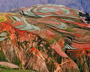 Das Foto zeigt die märchenhafte rote Erdlandschaft im Herbst im Bezirk Dongchuan in Kunming, der Hauptstadt der Provinz Yunnan. In der goldenen Jahreszeit nehmen die Wälder und Felder in Dongchuan alle möglichen Herbstfarben an und zaubern damit ein fantastisches Naturbild.