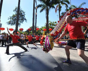 Chinesische Künstler führen auf der Feier zum Chinesischen Neujahr nach dem Mondkalender Drachentanz im brasilianischen Sao Paulo auf (6. Februar 2010). Die Aufführung ist ein Teil der weltweiten Feiern für das chinesische Neujahr nach dem Mondkalender, das dieses Jahr auf den 14. Februar fällt.