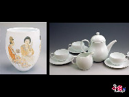 Glänzendes Porzellan mit Motiven aus der Tang-Dynastie (l.), Kaffeekanne aus weißem Porzellan, zu sehen auf einer Ausstellung für Hanguang-Porzellan in Beijing. Hanguang-Porzellan ist berühmt für seine glänzende weiße Farbe, seine Transparenz, seinen Glanz und seine Reinheit.