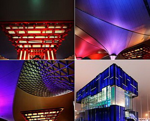 Anlässlich des 20-Tage-Countdowns bis zur Eröffnung der EXPO in Shanghai schalteten die Techniker am Sonntagabend alle Beleuchtungsanlagen der Pavillons ein. Während dieses Tests verwandelten sich die Gebäude in spektakuläre bunte Lichtkunstwerke.