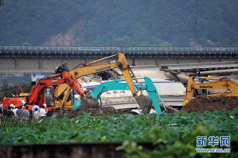 Am Samstagabend war der Hochgeschwindigkeitszug (CRH) D301 auf einer Brücke nahe der Stadt Wenzhou der Provinz Zhejiang in den im Gleis stehenden Zug D3115 gerast. Dabei waren zwei Waggon von der Brücke gefallen.