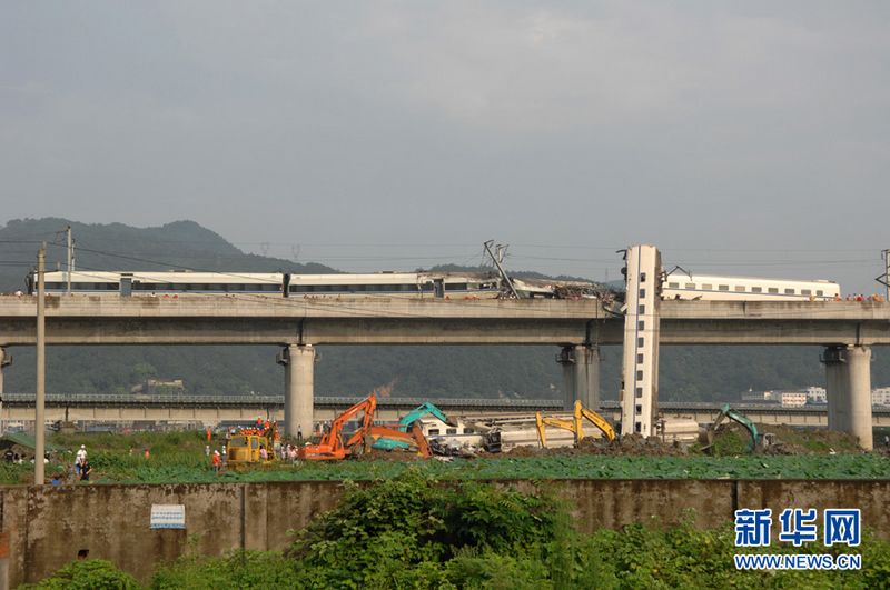 Am Samstagabend war der Hochgeschwindigkeitszug (CRH) D301 auf einer Brücke nahe der Stadt Wenzhou der Provinz Zhejiang in den im Gleis stehenden Zug D3115 gerast. Dabei waren zwei Waggon von der Brücke gefallen.