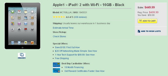 Das iPad 2 ist derzeit bei Best Buy ab 449,99 Dollar erhältlich.