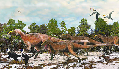 华丽羽王龙(大个)和其他带羽毛恐龙复原图。图片由中科院古脊椎动物与古人类研究所提供