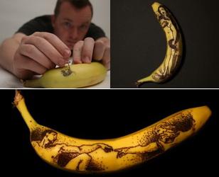 Wer sagt, dass nur Menschen Tätowierungen tragen können? Der US-Künstler Phil Hansen schafft es, weltbekannte Malereien auf Bananenschalen zu reproduzieren.