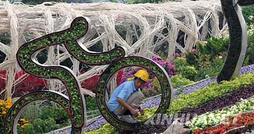 7月26日，一名工人在天安门广场修葺奥运绿化造型。