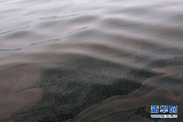 大連新港石油パイプライン爆発で、原油と汚水が海に流れ込んだ。