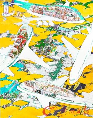 「成田国際空港」、2005年、山口晃の作品。彼の独特な視点から描かれた成田空港だ。飛行場を上空の金雲から見下ろしている。この毒ガスに満ちた都市はゆっくりと腐敗していく。