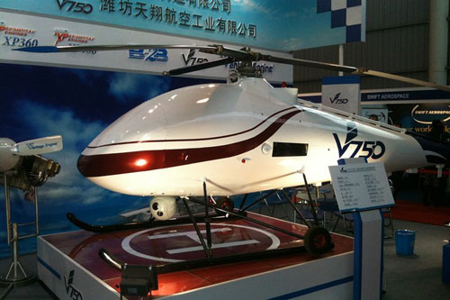 5月18日、山東省のイ坊市で試験飛行を成功させた中国国内で最大の無人ヘリ｢V750｣。