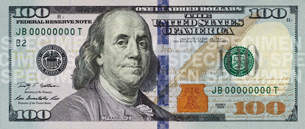 100ドル札……米国の政治家、科学者のベンジャミン・フランクリン
