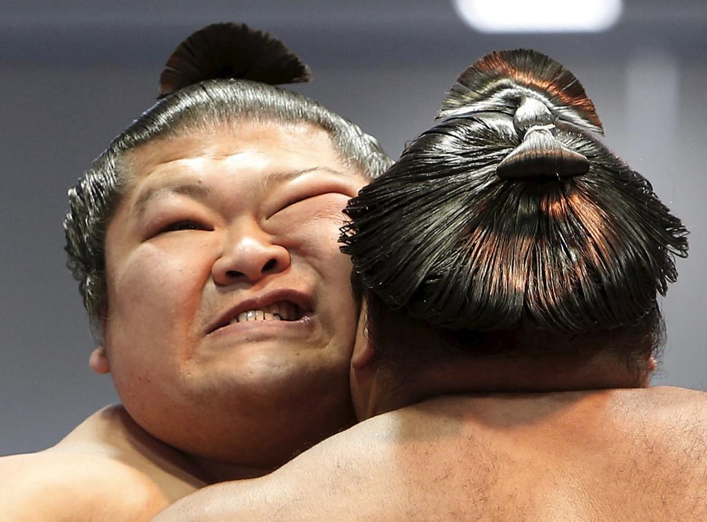 日本东京相扑大赛开赛 选手贴身肉搏表情逗趣（图）