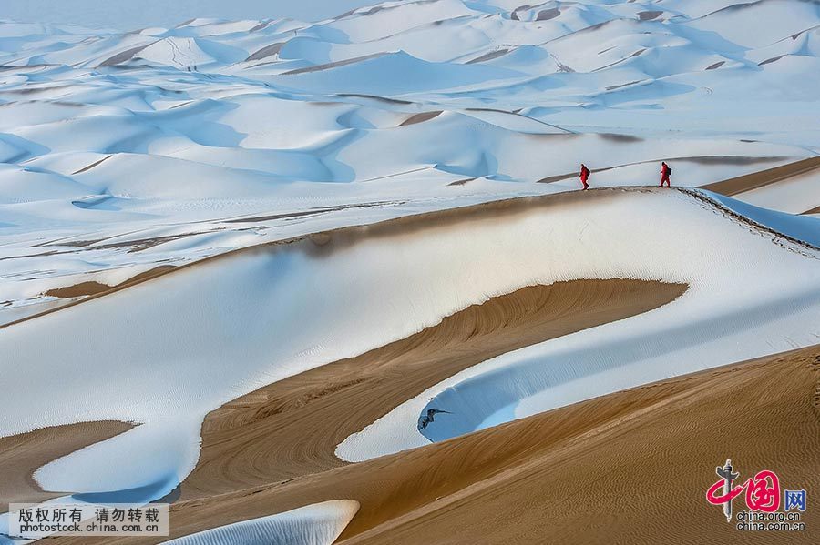 クムタグ砂漠、雪で珍しい風景に