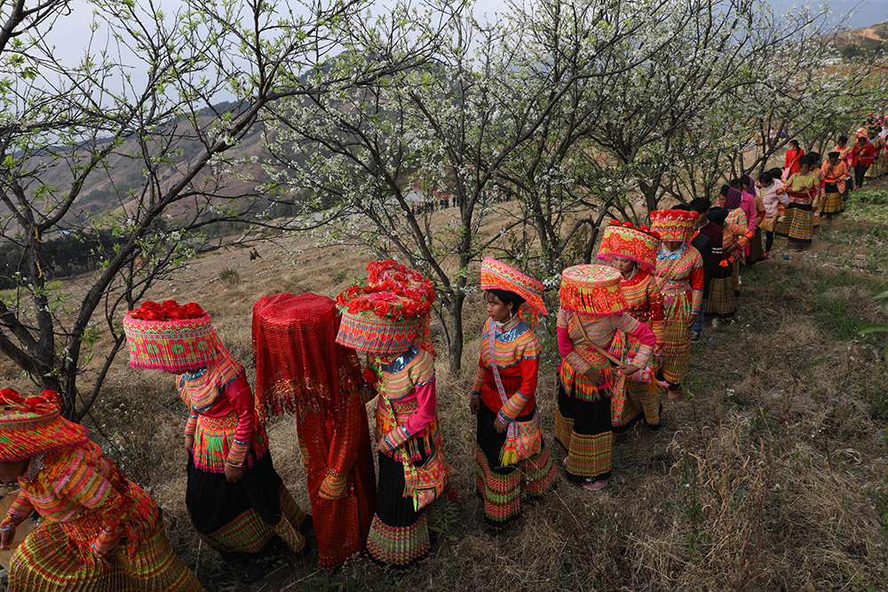 2月21日，在德昌县南山傈僳族乡小南山村，新娘张小芳和送亲队伍经过一片树林。